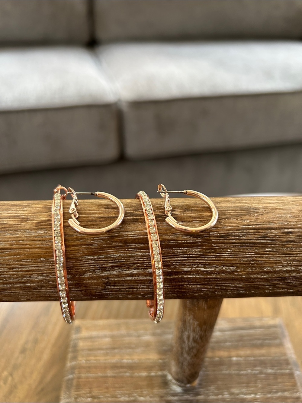 Pair of Rose Gold Tone Crystal Hoop Earrings And Smaller Hoops Set